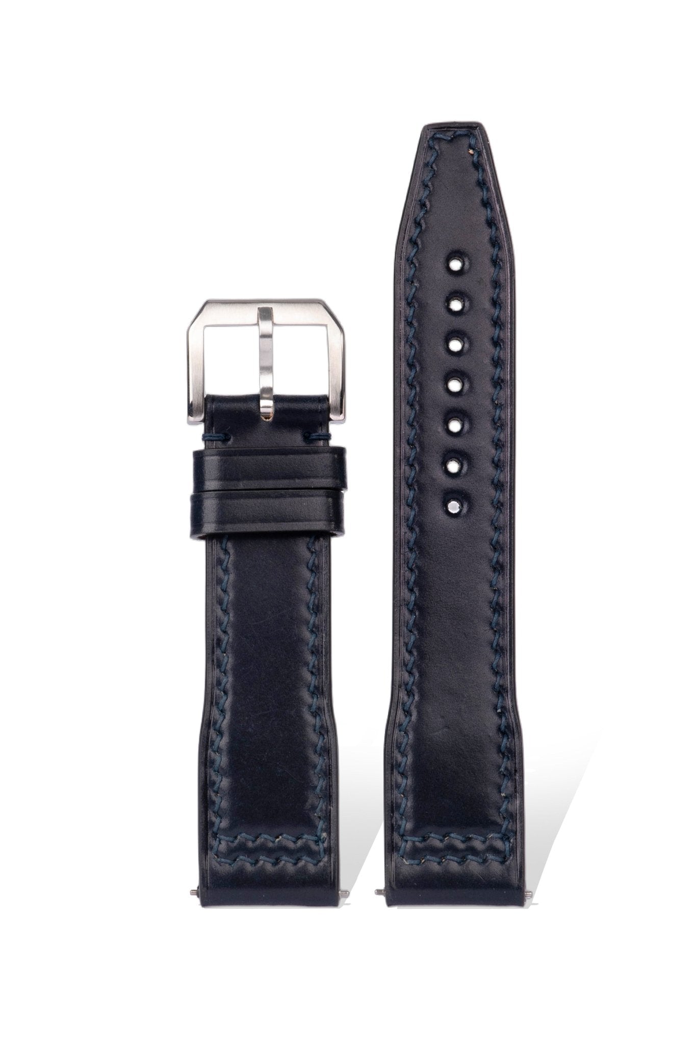 Handcrafted Horween Cordovan pilot strap in Pantone Classic Blue 19-4052, quick-release spring bars compatible with 20mm IWC Top Gun/Zenith Pilot lugs, Horween's oil-tanned process & engraving service.