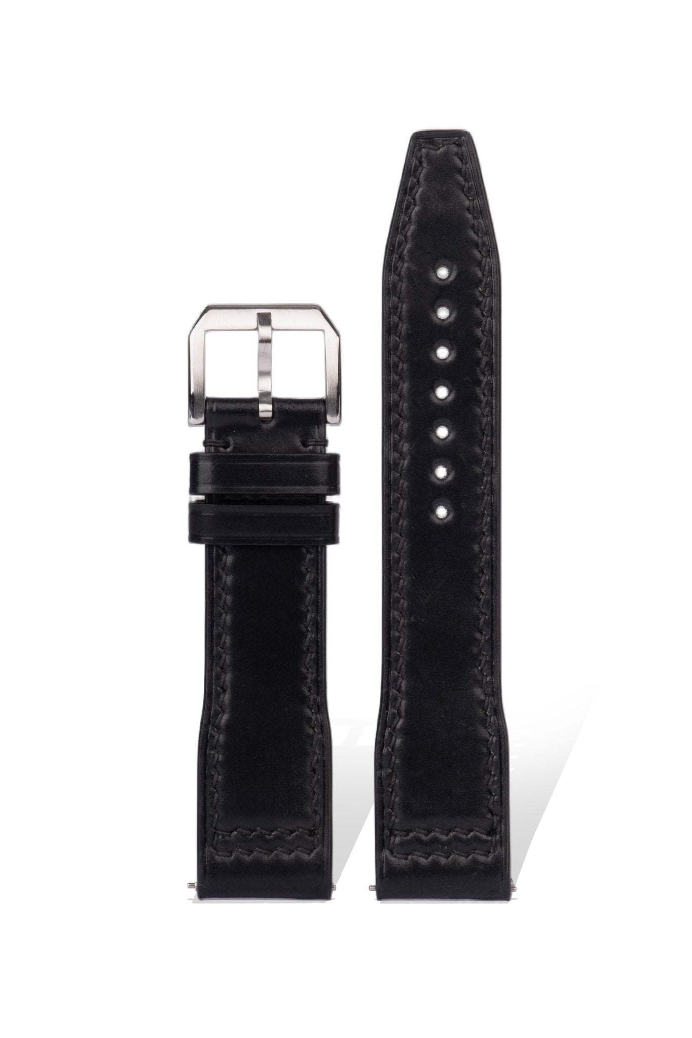 Handcrafted Horween Cordovan leather pilot strap in Pantone Black 6C, quick-release spring bars compatible with 20mm Omega/Rolex/IWC lugs, Horween's signature oil-tanned process & engraving customization.