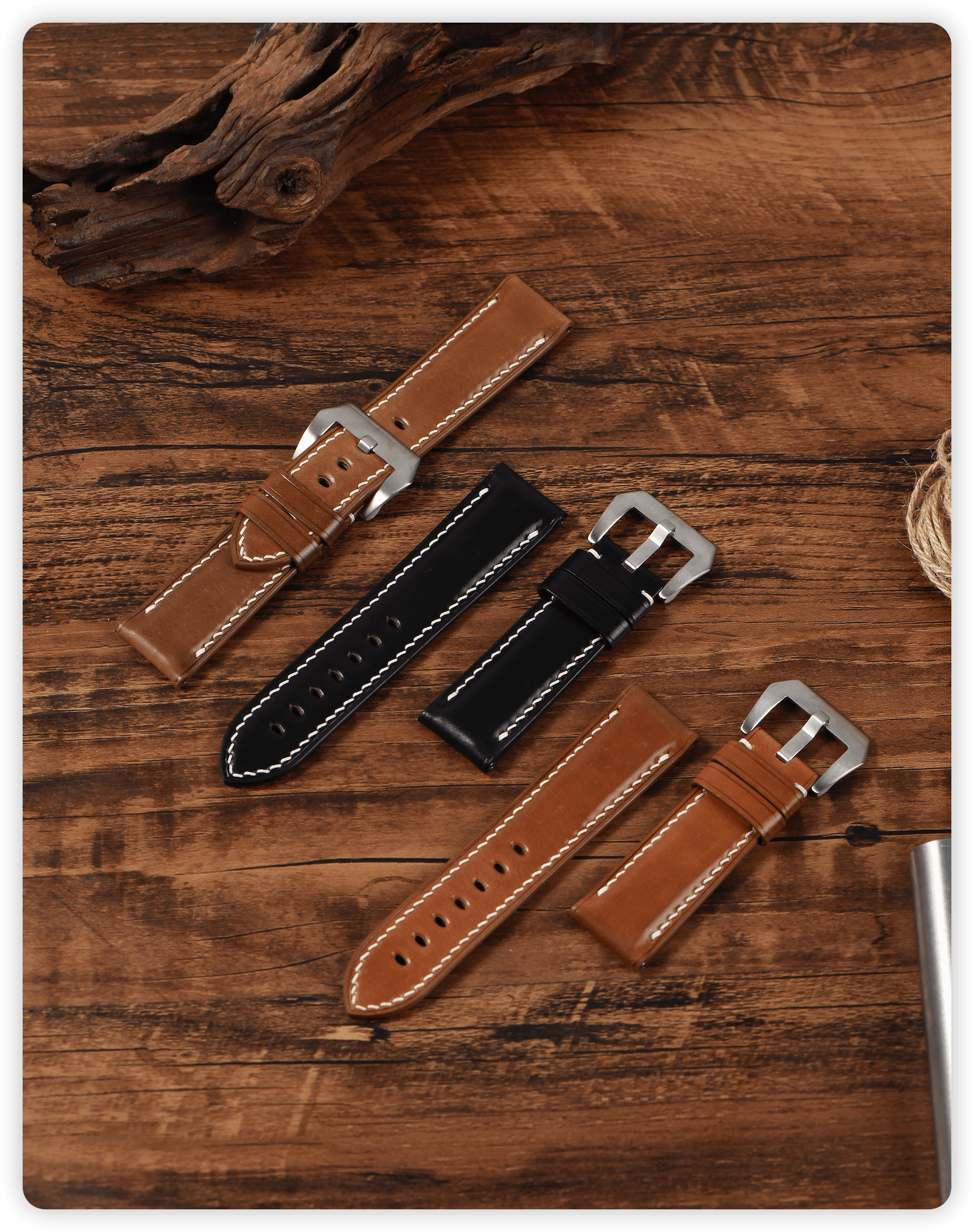 Handcrafted Horween Cordovan leather straps (classic brown/black with silver buckle & white stitching) compatible with 20-22mm Omega,Rolex,Breitling,IWC,Panerai lugs, lifetime durable for business/casual, custom engraving available.