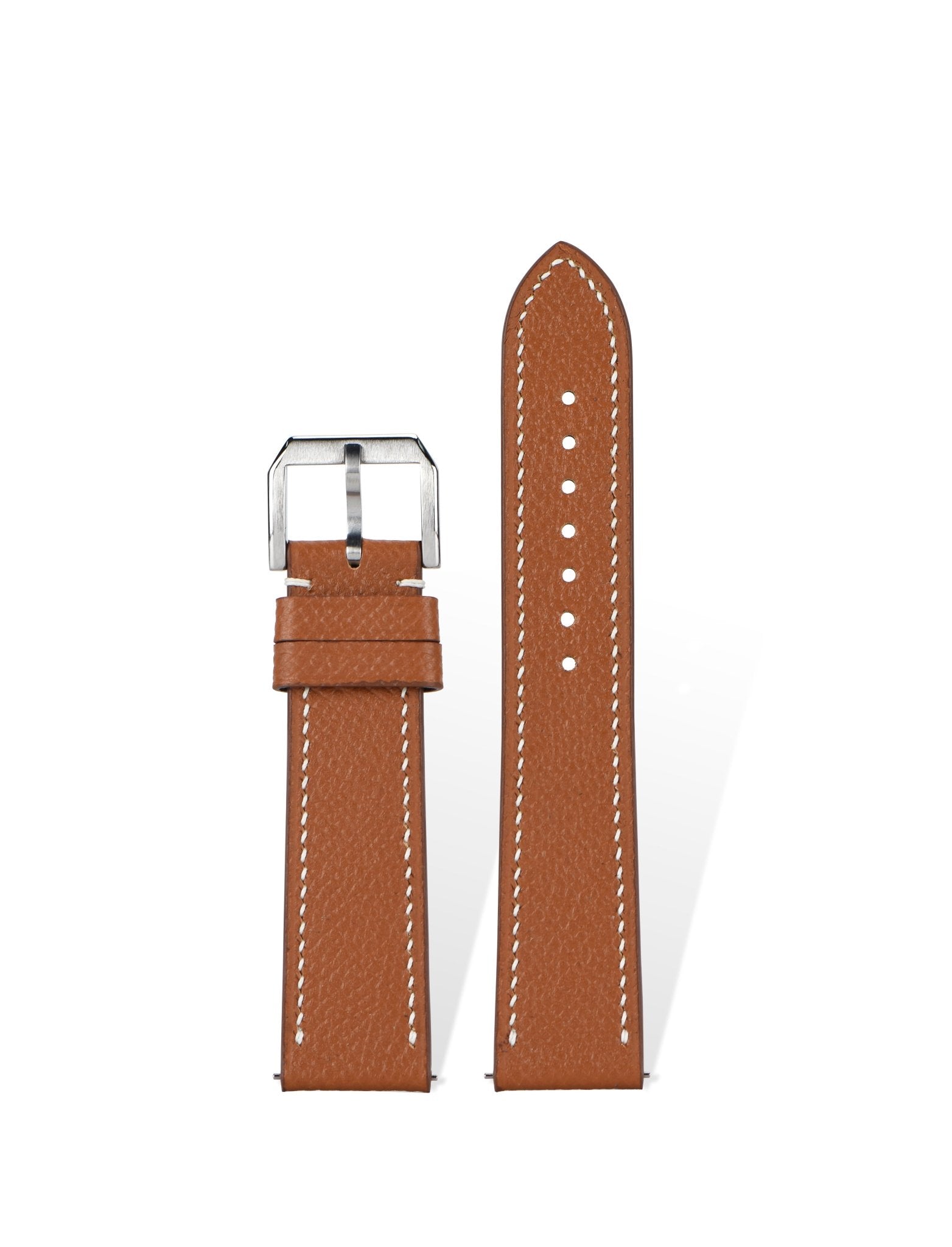 Handcrafted luxury EPSOM calfskin strap in Brown, quick-release spring bars compatible with 20mm Rolex/Omega lugs, French embossed palm-grain texture.