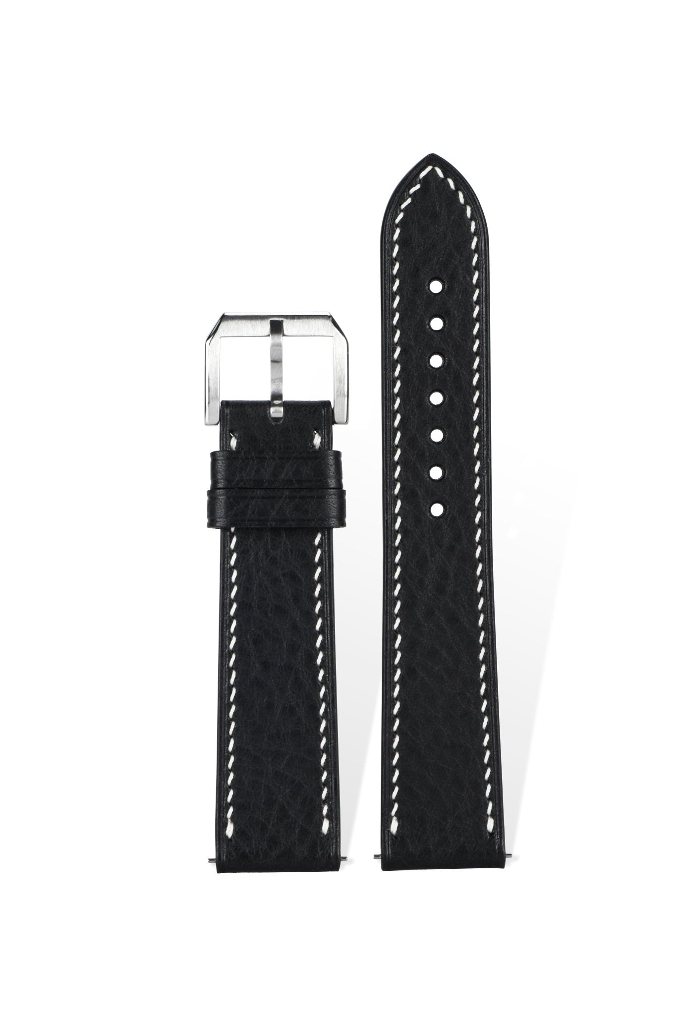 Handcrafted MBoxs pebbled leather strap in Pantone Black 6 C, quick-release spring bars compatible with 20mm Rolex/Omega lugs, French vegetable-tanned process with natural pebble grain.