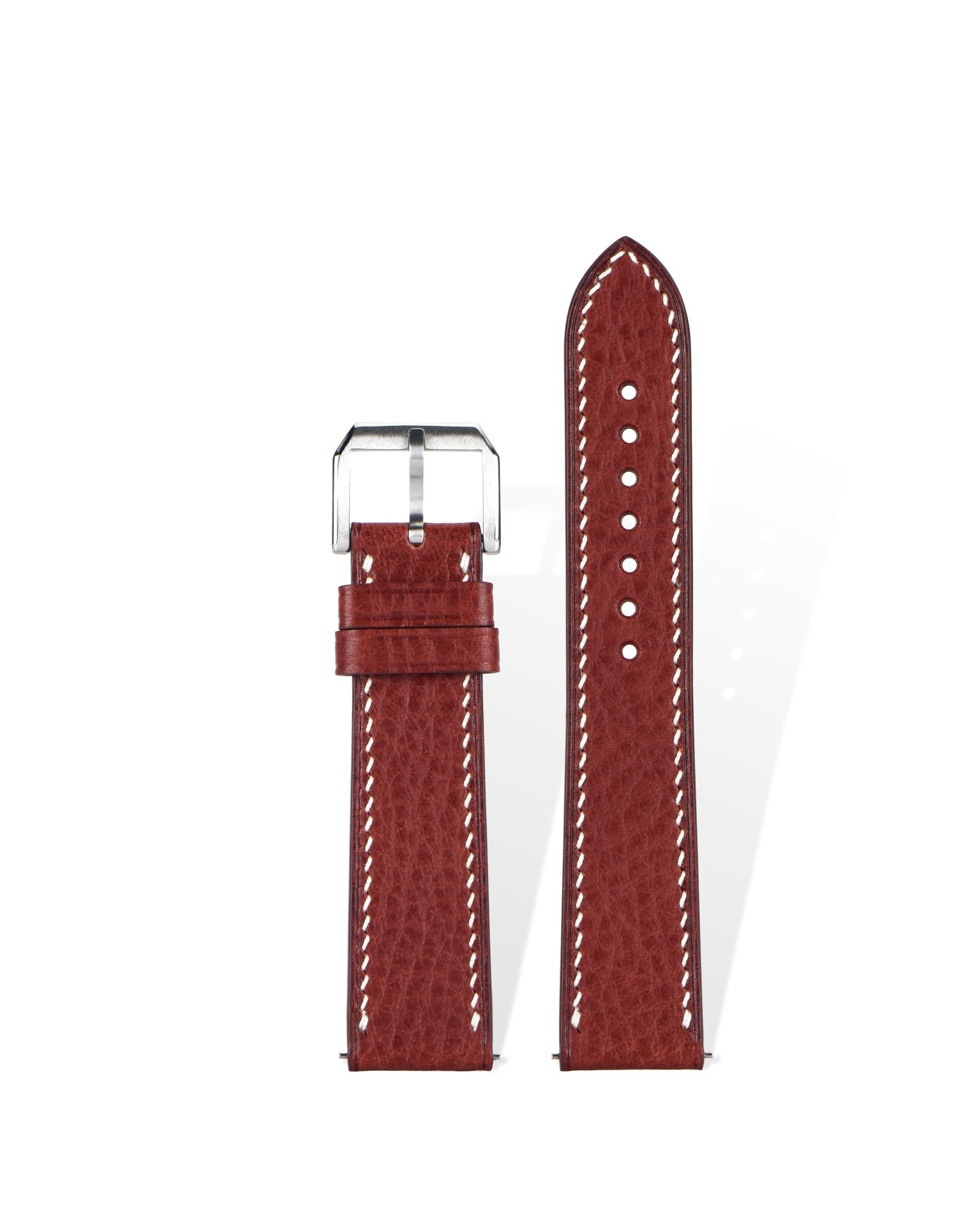 Handcrafted MBoxs pebbled leather strap in Chestnut Brown, quick-release spring bars compatible with 20mm Rolex/Omega lugs, French vegetable-tanned process with natural pebble grain.