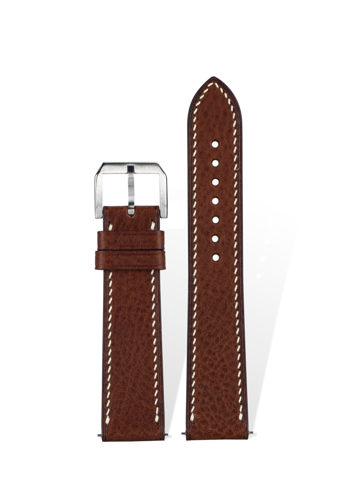 Handcrafted MBoxs pebbled leather strap in Cinnamon, quick-release spring bars compatible with 20mm Rolex/Omega lugs, French vegetable-tanned process with natural pebble grain.