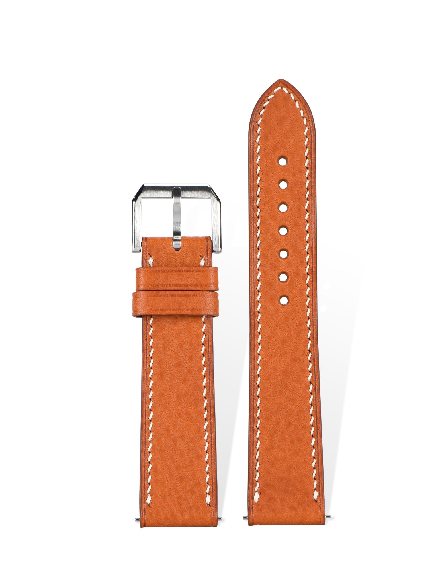 Handcrafted MBoxs pebbled leather strap in Coral, quick-release spring bars compatible with 20mm Rolex/Omega lugs, French vegetable-tanned process with natural pebble grain.
