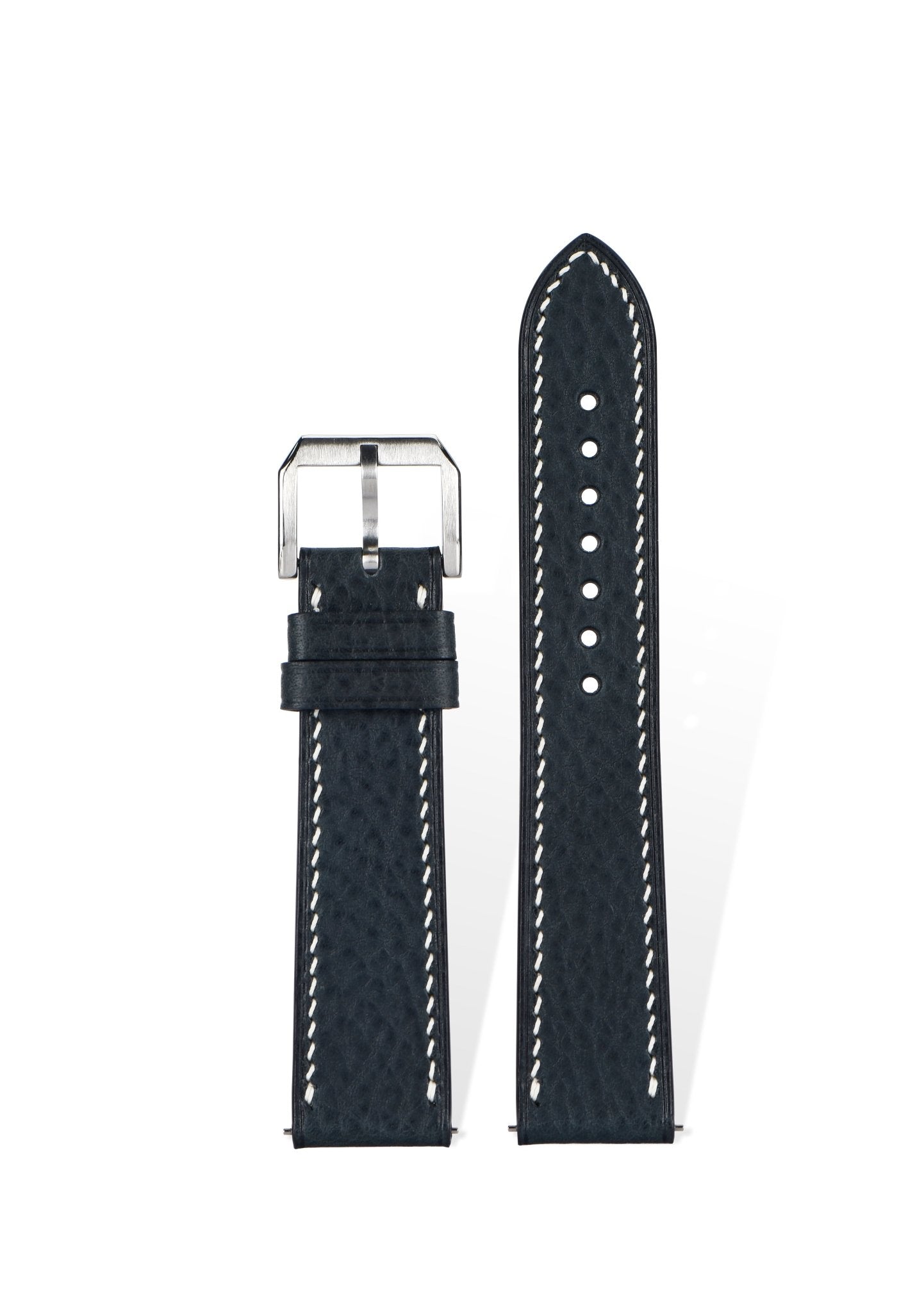 Handcrafted MBoxs pebbled leather strap in Dark Blue, quick-release spring bars compatible with 20mm Rolex/Omega lugs, French vegetable-tanned process with natural pebble grain.