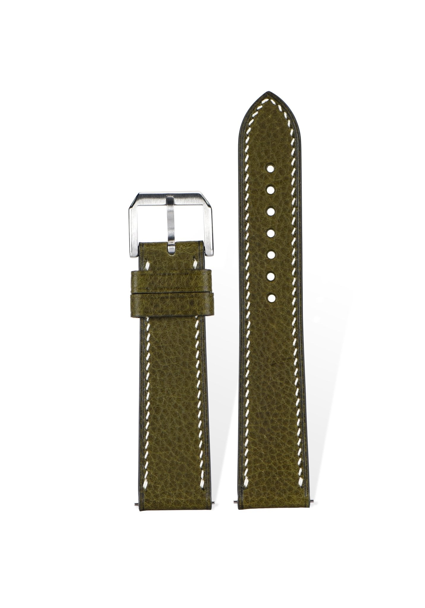 Handcrafted MBoxs pebbled leather strap in Olive Green, quick-release spring bars compatible with 20mm Rolex/Omega lugs, French vegetable-tanned process with natural pebble grain.
