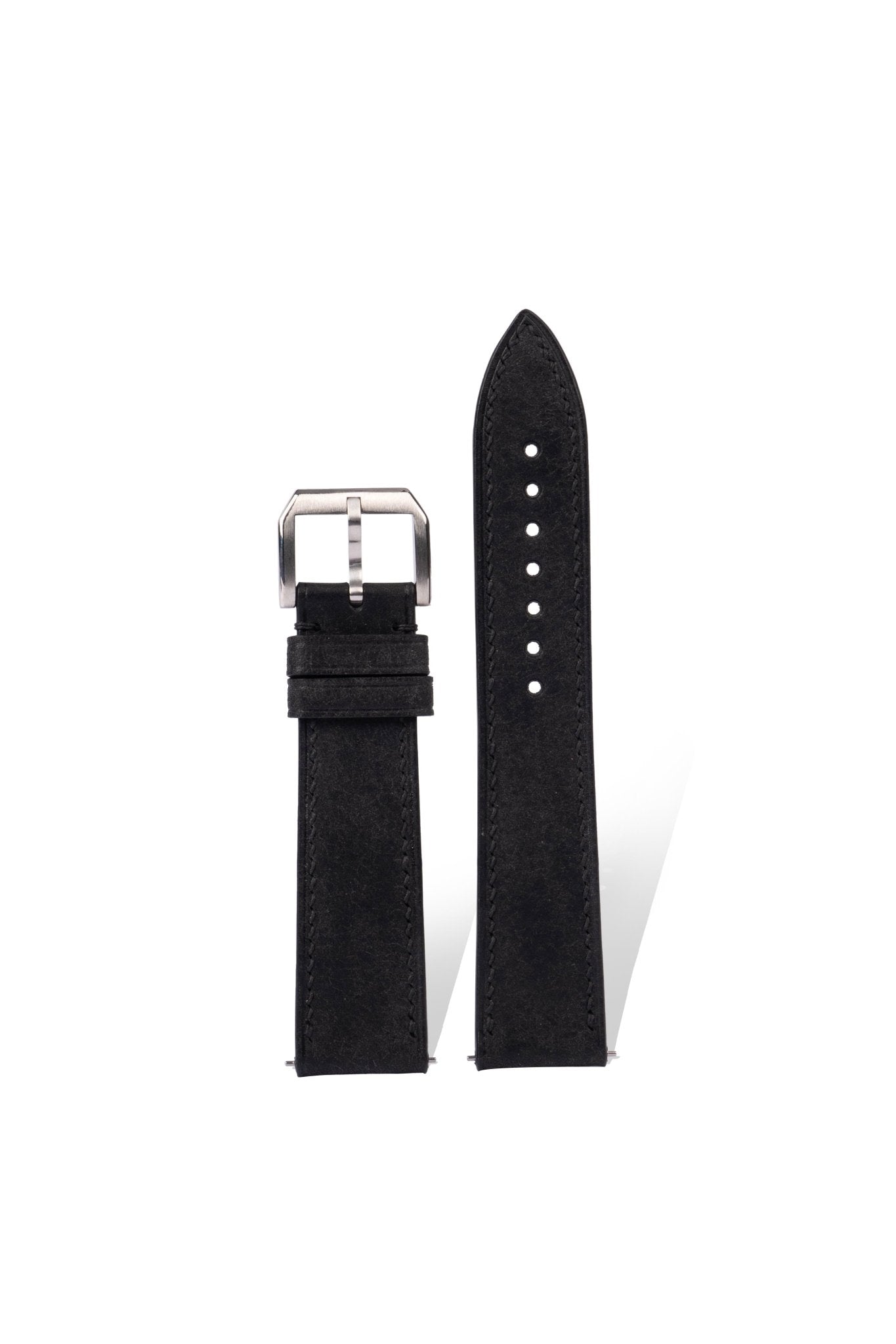 Handcrafted Martino Calfskin leather strap in Pantone Black 6C, matte-finished Italian tannage, quick-release spring bars compatible with 20mm Rolex/Omega/IWC lugs.