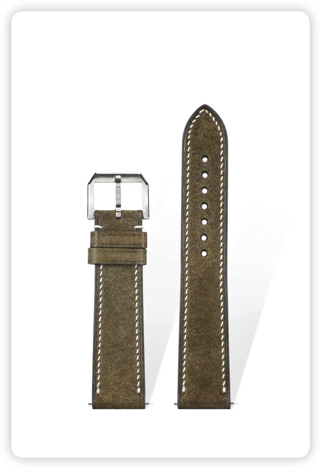 Handcrafted Martino suede calfskin strap in Ash Grey- White Line, quick-release spring bars compatible with 20mm lugs, Italian oil-tanned with natural grain texture.