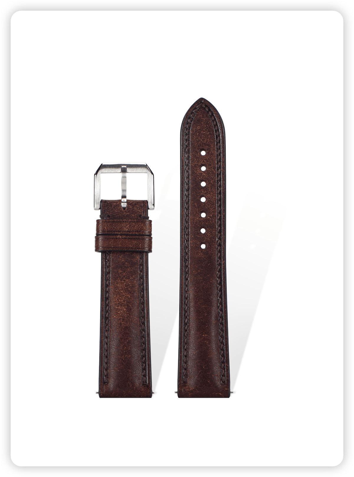 Handcrafted Martino suede calfskin strap in Pantone 19-1557 Chestnut Brown, quick-release spring bars compatible with 20mm lugs, Italian oil-tanned with natural grain texture.