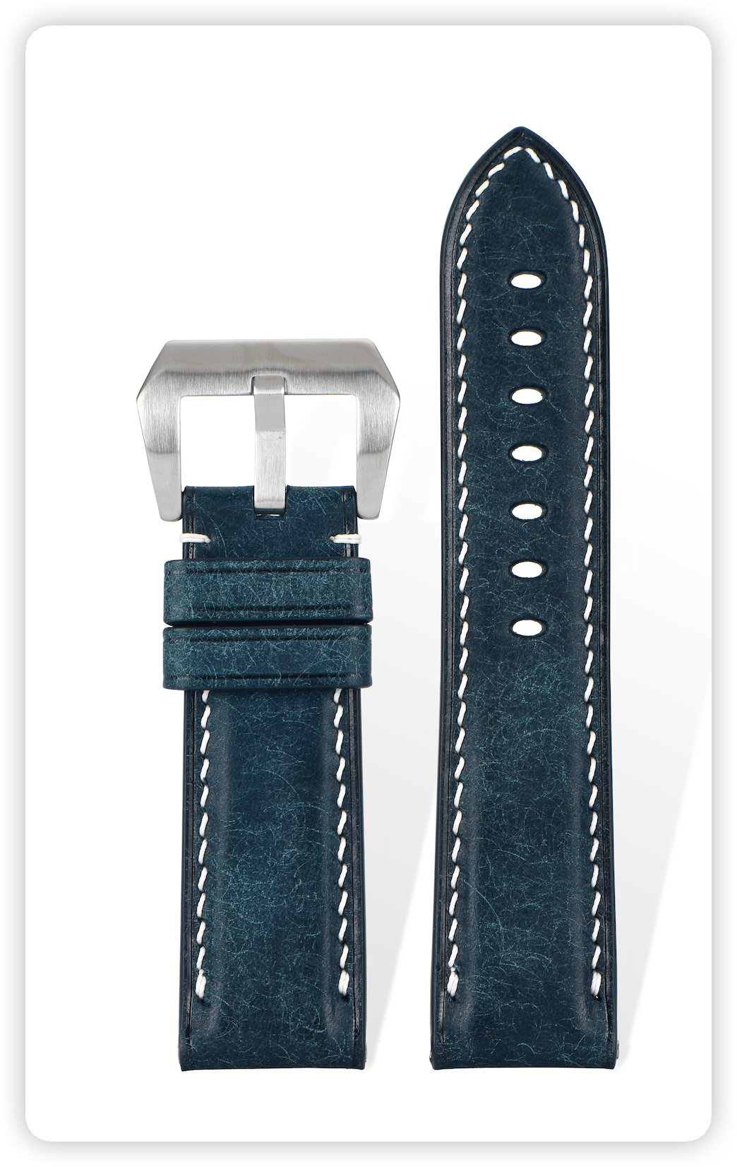 Handcrafted Martino suede calfskin strap in Denim Blue, 3mm dual-needle stitching, silver OP buckle, French vegetable-tanned with natural grain texture, compatible with 20mm quick-release system.