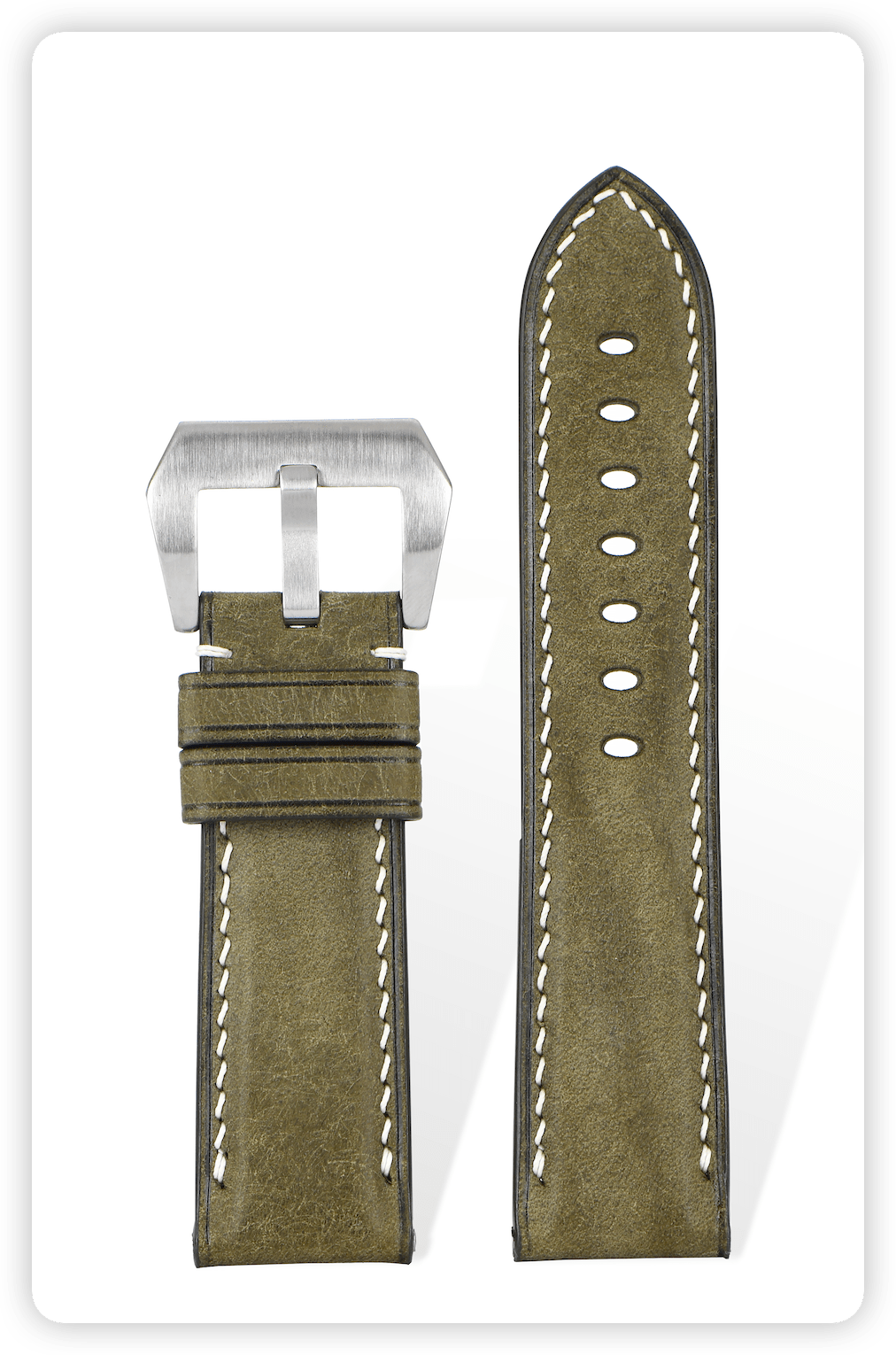 Handcrafted Martino suede calfskin strap in Olive Green, 3mm dual-needle stitching, silver OP buckle, French vegetable-tanned with natural grain texture, compatible with 20mm quick-release system.