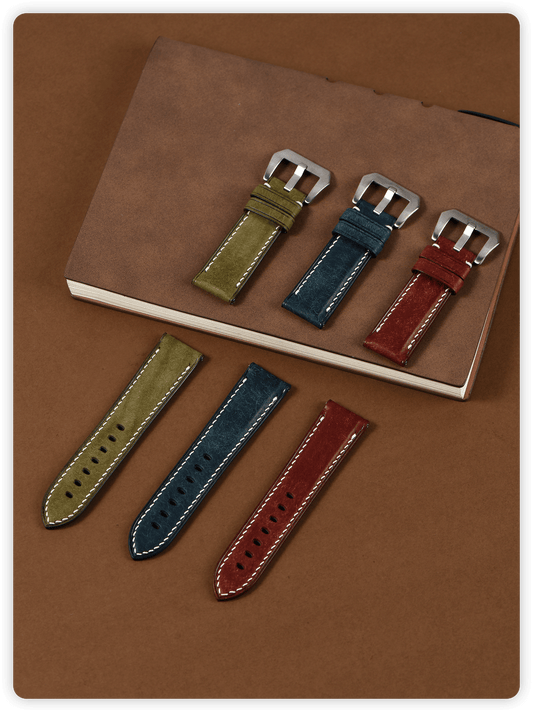 Handcrafted Martino suede calfskin straps (olive/dark blue/burgundy) with 20mm lugs for Omega/Rolex/Breitling/IWC, Italian vegetable-tanned leather & 3.5mm French edge, customizable for business/casual.
