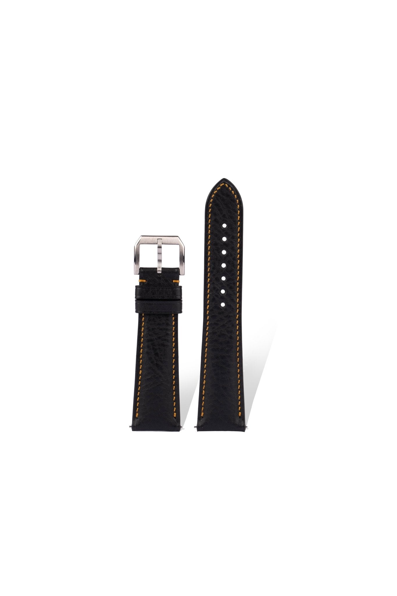 Handcrafted volcanic leather strap in Pantone Black 6 C, quick-release spring bars compatible with 20mm Rolex/Omega lugs, Italian volcanic ash tanning process creates unique grain.