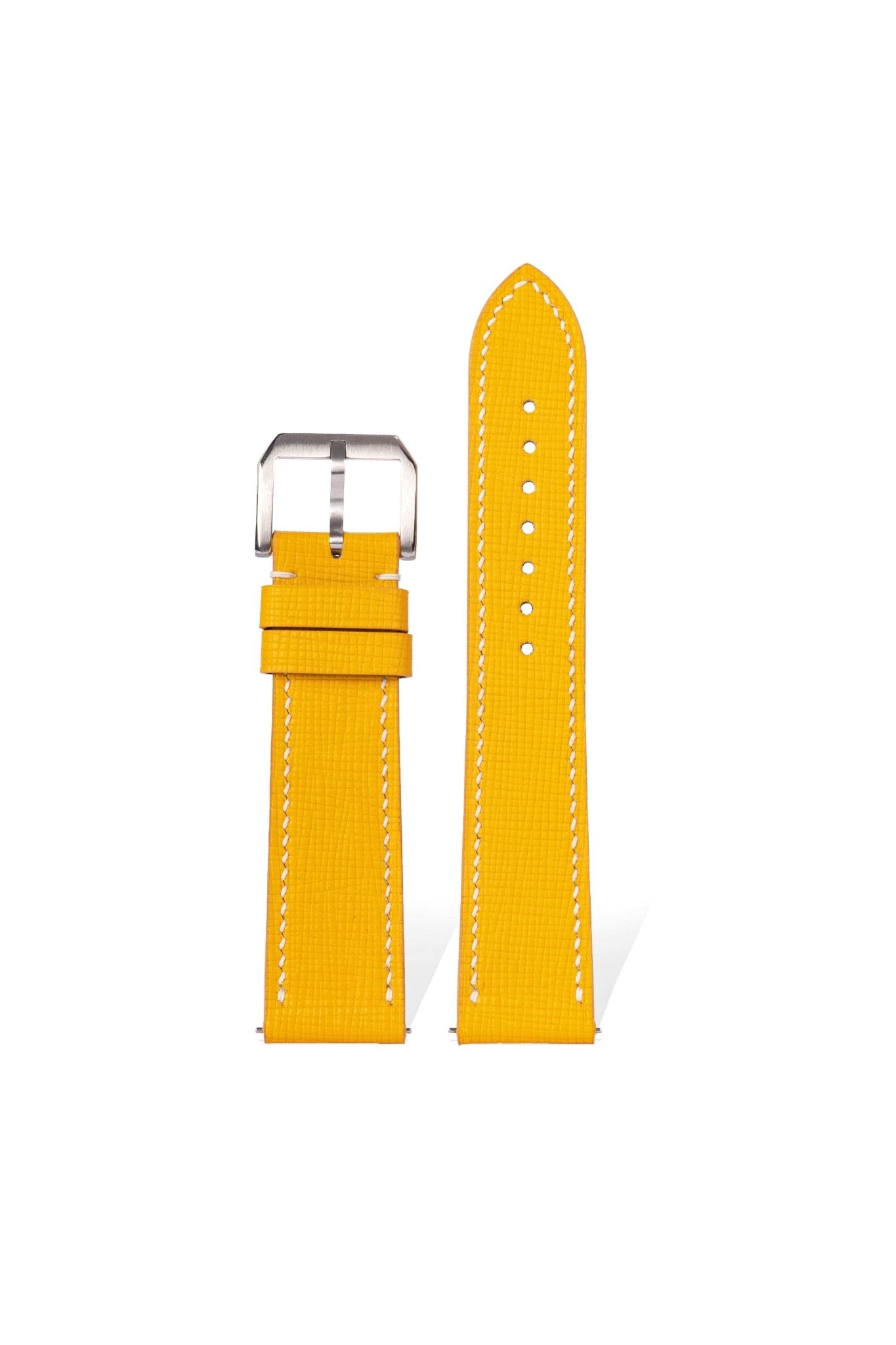 Handcrafted Saffiano cross-grain calfskin strap in lemon yellow (Pantone 13-0755). Italian 3D embossing with 20mm lug quick-release system for MoonSwatch, 2.0mm spring bars, 3.5mm French edge stitching featuring Swatch Group certification and UV-resistant coating.