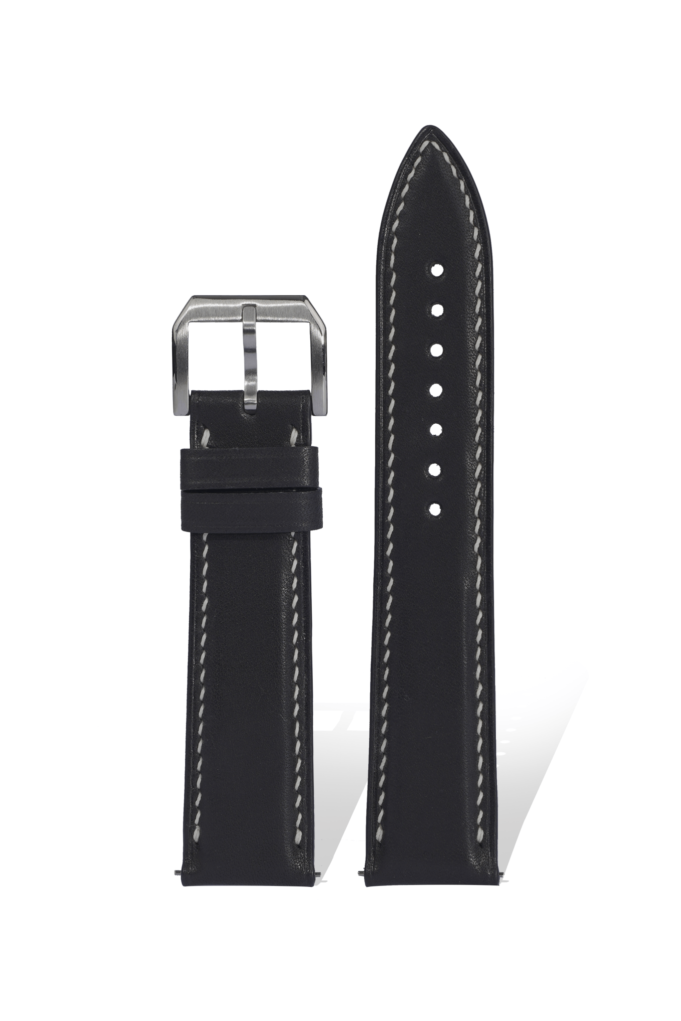Handcrafted Nappa Cloud-Touch calfskin strap in Pantone Black 6 C, quick-release spring bars compatible with 20mm Rolex/Omega lugs, French tannage creates cloud-like softness.