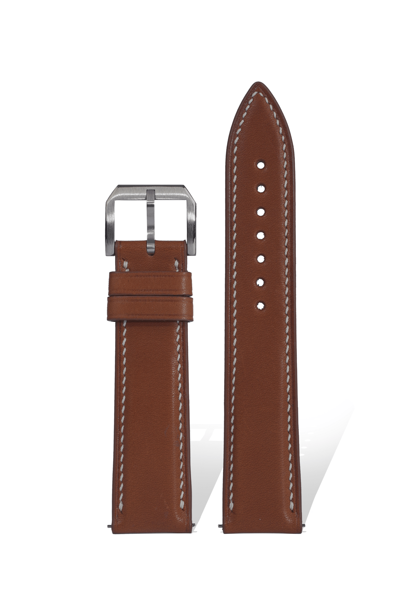 Handcrafted Nappa Cloud-Touch calfskin strap in Golden Brown, quick-release spring bars compatible with 20mm Rolex/Omega lugs, French tannage creates cloud-like softness.