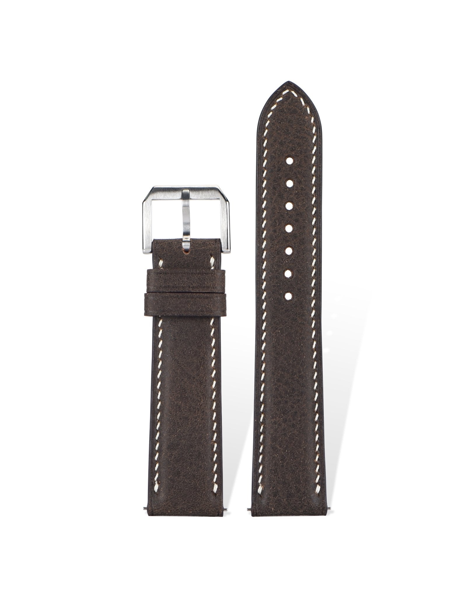 Handcrafted Nomad Vintage oil-tanned leather strap in Pantone 19-1015, quick-release spring bars compatible with 20mm Rolex/Omega lugs, naturally aged grain texture.