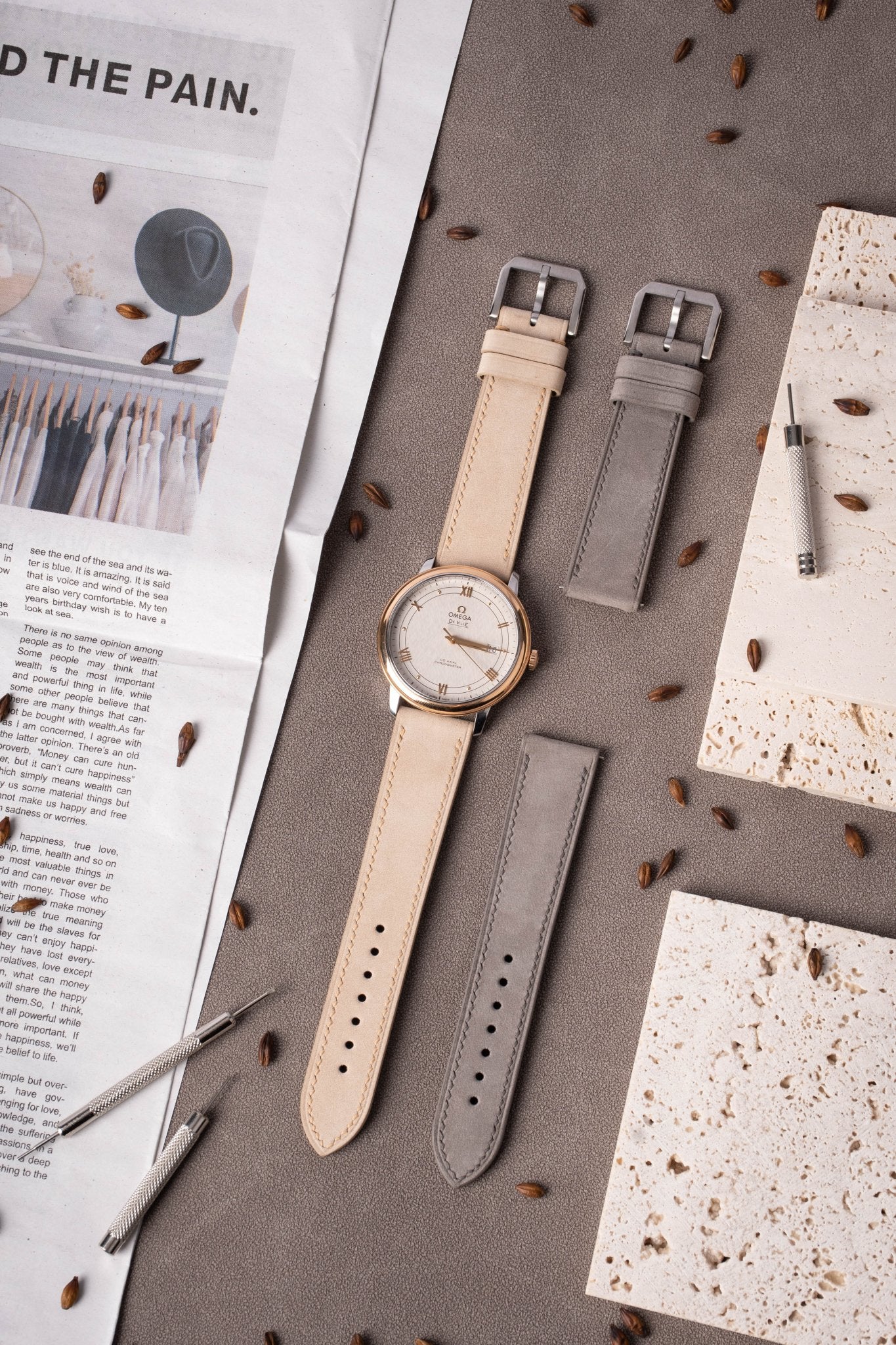 Handcrafted nubuck leather watch straps in cream/light grey, compatible with 20mm Omega,Rolex,Breitling,IWC lugs. French vegetable-tanned with minimalist stainless steel buckles, engraving & hole customization.