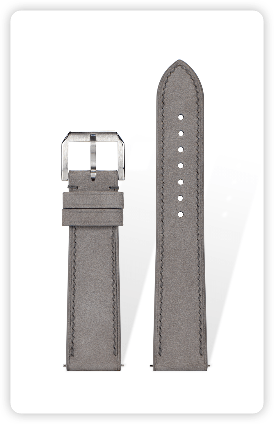 Handcrafted Nubuck vintage leather strap in Pantone 19-4052 Gray, quick-release spring bars compatible with 20mm lugs, French vegetable-tanned with natural nubuck texture.