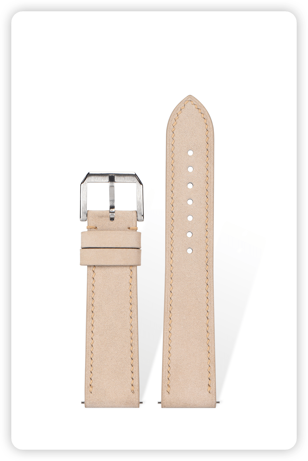 Handcrafted Nubuck vintage leather strap in Milk Tea, quick-release spring bars compatible with 20mm lugs, French vegetable-tanned with natural nubuck texture.