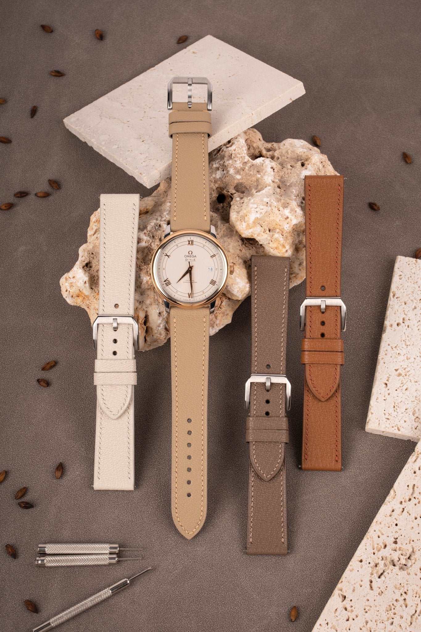 Handcrafted Chevre Sully goatskin straps with matte finish, compatible with Omega Constellation, Jaeger-LeCoultre Reverso & Cartier Tank. 12 Morandi hues (ivory/dusty pink/mist blue), 1.8mm quick-release spring bars fit 16-20mm lugs. 3.0mm French goatskin tapering, designed for sophisticated ladies transitioning between business meetings and social occasions.