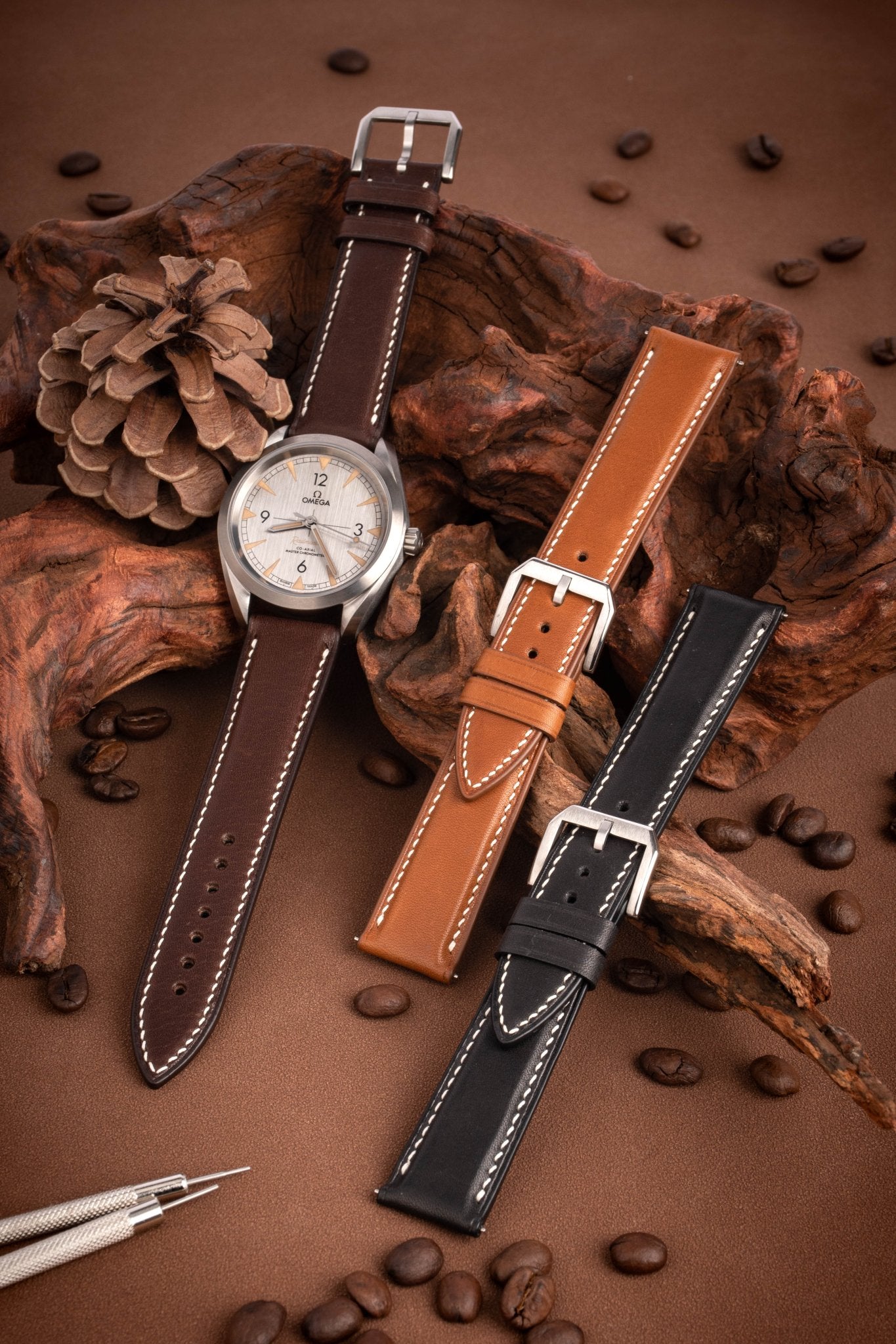Handmade Nappa calfskin quick-release 
 watch straps with matte finish, compatible with Omega Seamaster, Rolex Datejust & Cartier Tank. Available in dark brown/tan/black, 2.0mm spring bars fit 18-22mm lugs. Customizable length/stitch color/buckle style for business formal, casual and sport occasions.