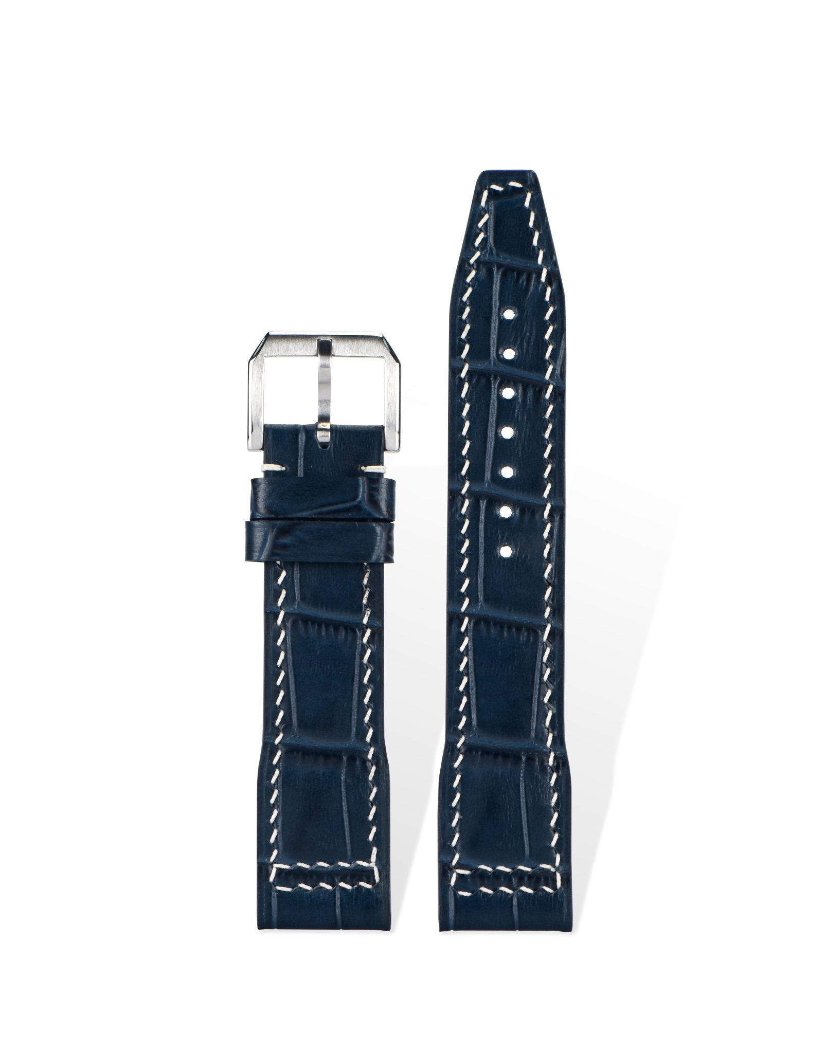 Hand-stitched navy bamboo-joint grain calfskin strap with 3.5mm quick-release spring bars for 20-22mm lugs. French calfskin embossed with bamboo texture, double-needle linen stitching for modular luxury watch customization.
