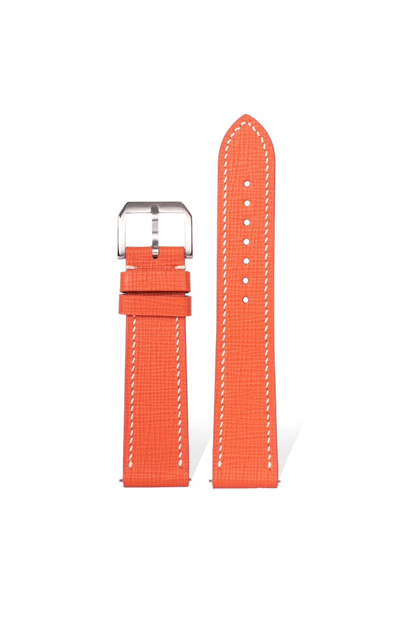Handcrafted Saffiano cross-grain calfskin strap in orange. Italian embossing creates 3D cross texture, 2.0mm quick-release spring bars for 20-22mm lugs, 3.5mm French edge stitching with European Leather Council certification.