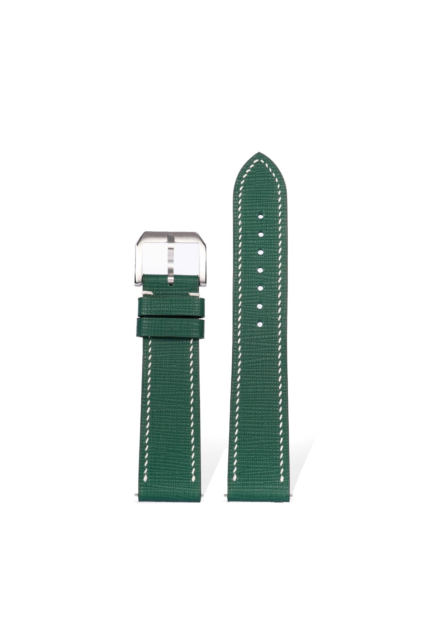 Handmade Saffiano cross-grain calfskin strap in pine green, compatible with Omega/Rolex 20-22mm lugs. 2.0mm quick-release spring bars with Italian embossing craftsmanship, refined cross-texture for business-casual versatility.