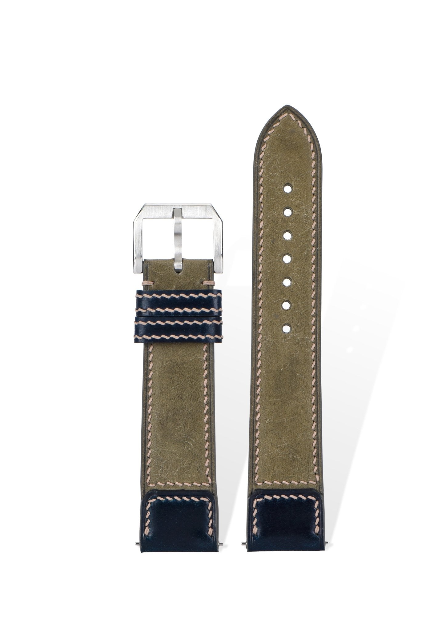 Handcrafted premium matte calfskin & Horween Shell Cordovan watch strap in Black + Brandy, quick-release spring bars compatible with 20mm Rolex/Omega lugs.