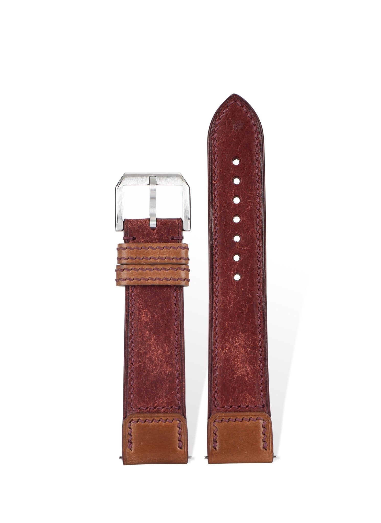 Handcrafted premium matte calfskin & Horween Shell Cordovan watch strap in Burgundy + Bourbon, quick-release spring bars compatible with 20mm Rolex/Omega lugs.