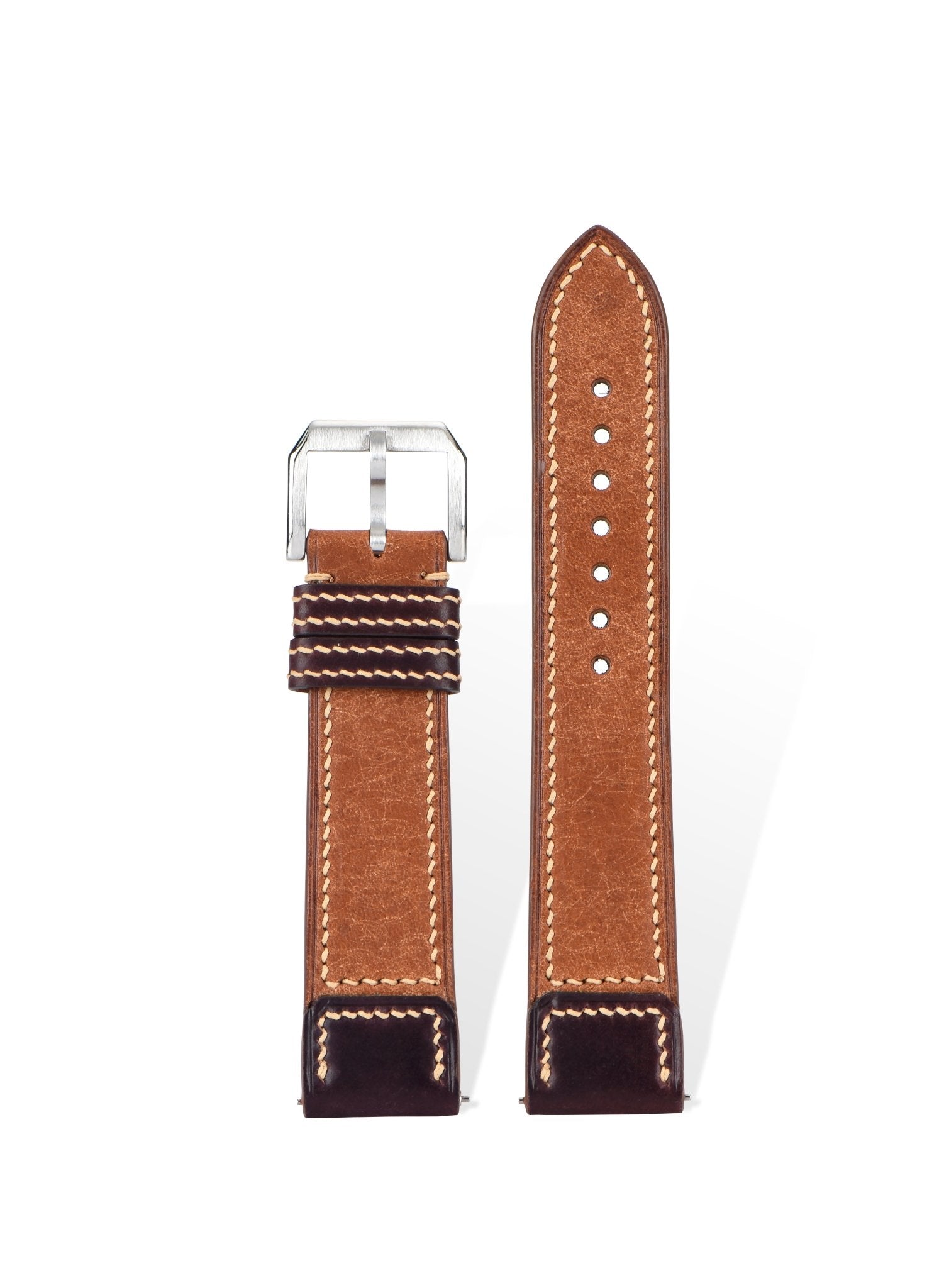 Handcrafted premium matte calfskin & Horween Shell Cordovan watch strap in Pantone 16-0948 Gold + 19-1740 Burgundy, quick-release spring bars compatible with 20mm Rolex/Omega lugs.