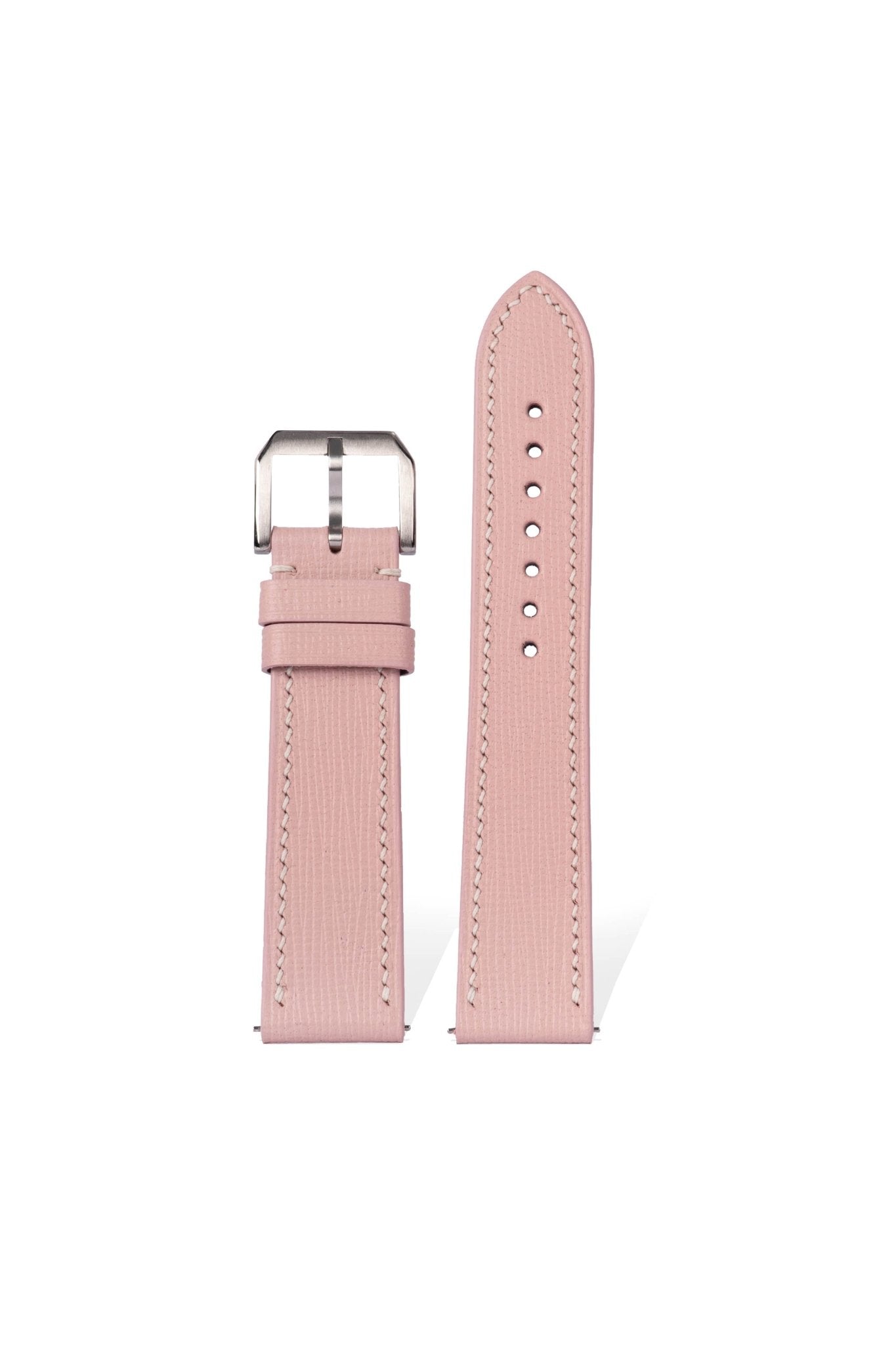 Handcrafted sakura pink Saffiano calfskin strap with crossgrain texture, Italian embossed process & French saddle stitching, compatible with 18mm Cartier Tank/Omega Constellation ladies watches, engraving customization available.