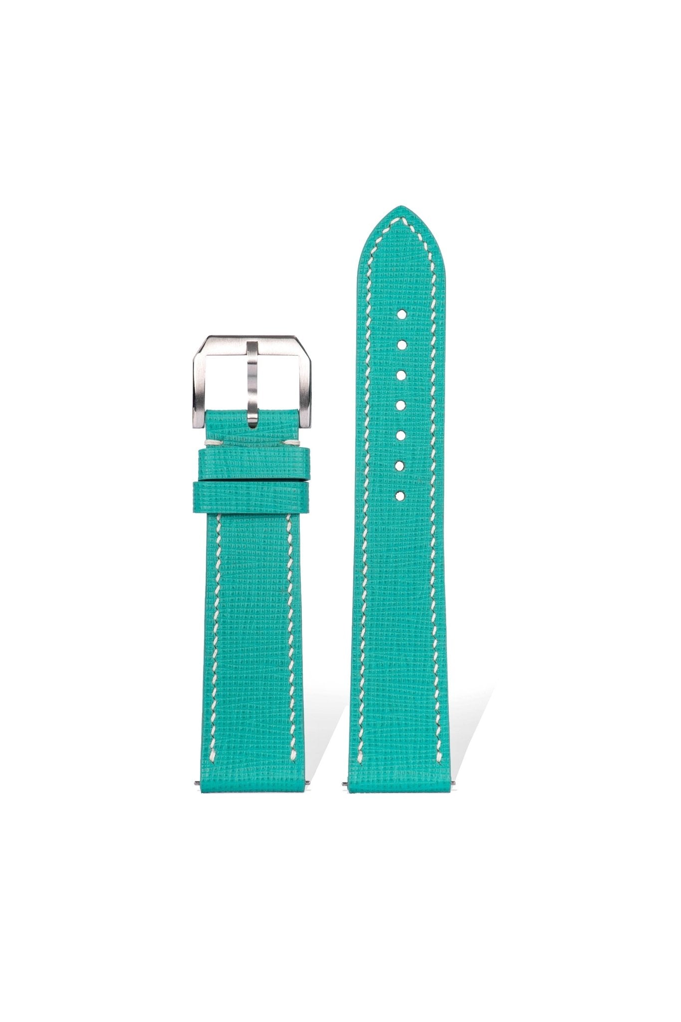 Handcrafted Tiffany Blue Saffiano calfskin strap with crossgrain embossing, quick-release spring bars compatible with 20mm Omega/Rolex/IWC lugs, Italian waxed finish, 2.3mm slim design & engraving customization.