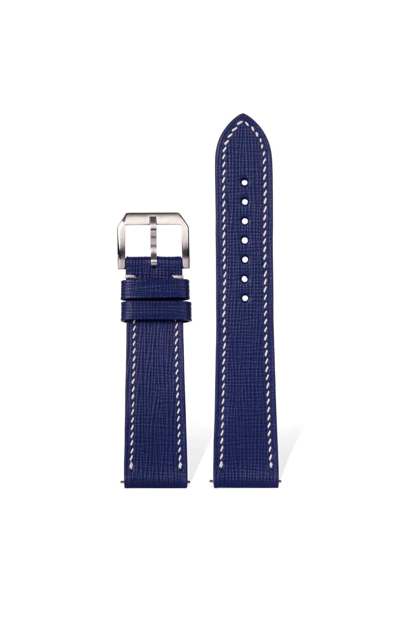 Handcrafted royal blue Saffiano calfskin strap with crossgrain embossing, compatible with 20mm Omega/Rolex/IWC lugs, 2.2mm ultra-thin design from Italy, engraving & hole customization available.