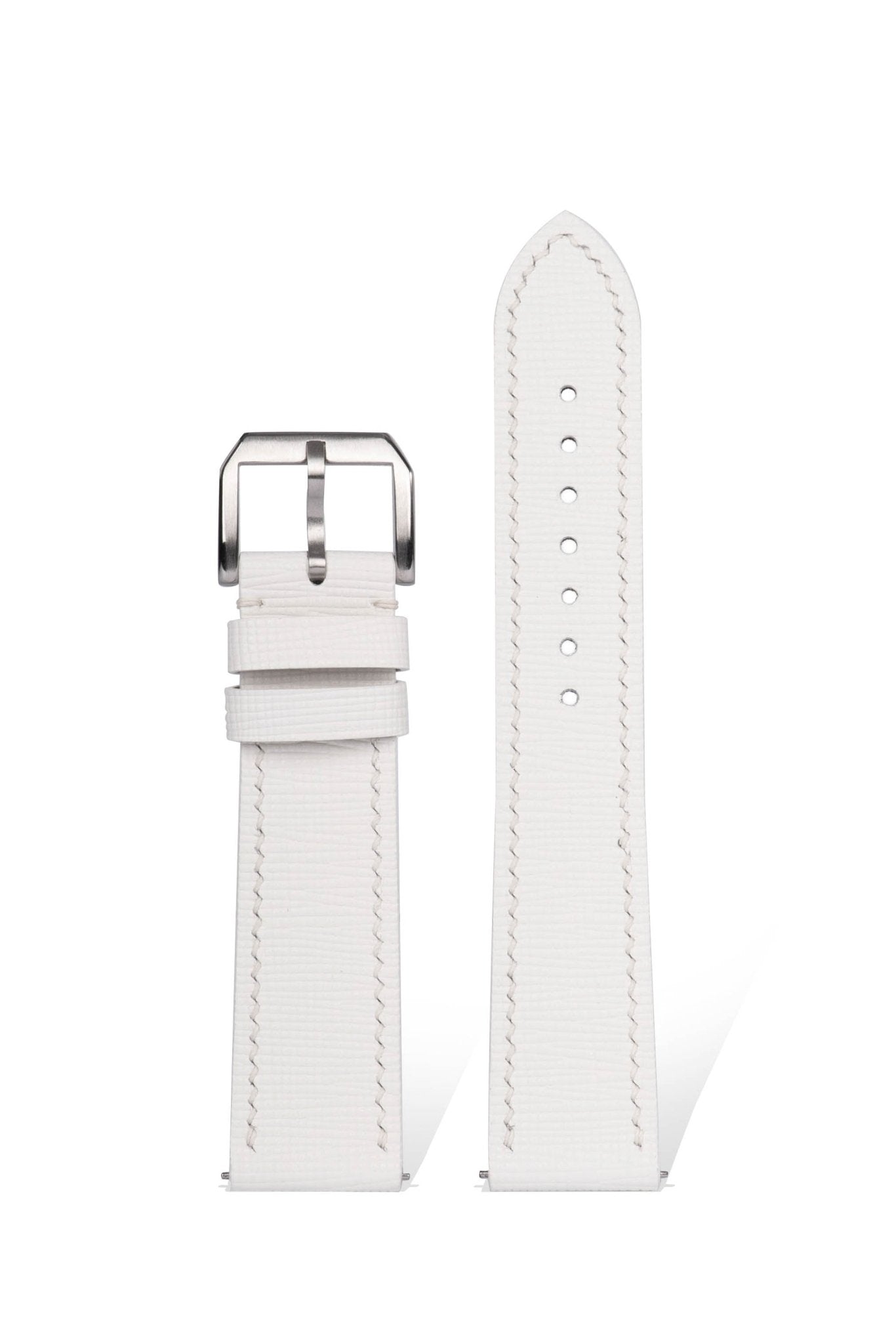 Handcrafted white Saffiano crossgrain leather strap with embossed texture, compatible with 20mm Cartier/Piaget female watches. Italian vegetable-tanned leather & French edge painting, engraving & hole customization for elegant style.