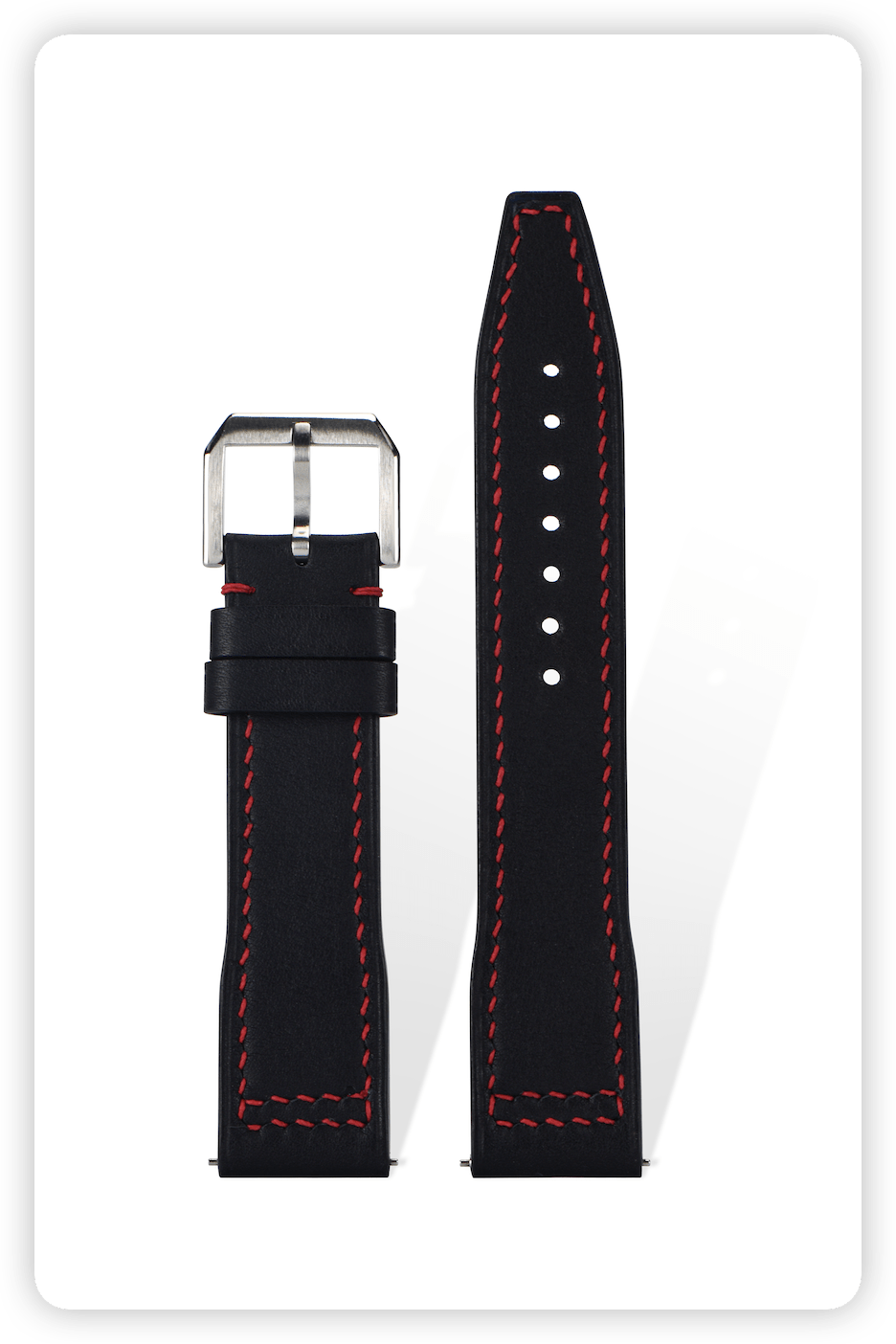 Handcrafted Swift calfskin pilot strap in Pantone 19-0322 Black, quick-release spring bars compatible with 20mm lugs, French vegetable-tanned with dual-needle stitching.