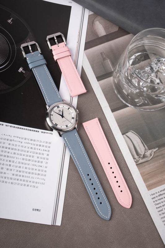 Handcrafted Swift leather casual watch straps (navy blue/pink blossom with silver buckle), compatible with 20mm Omega,Rolex,Breitling,IWC lugs, Italian-tanned for supple feel, engraving & hole customization.