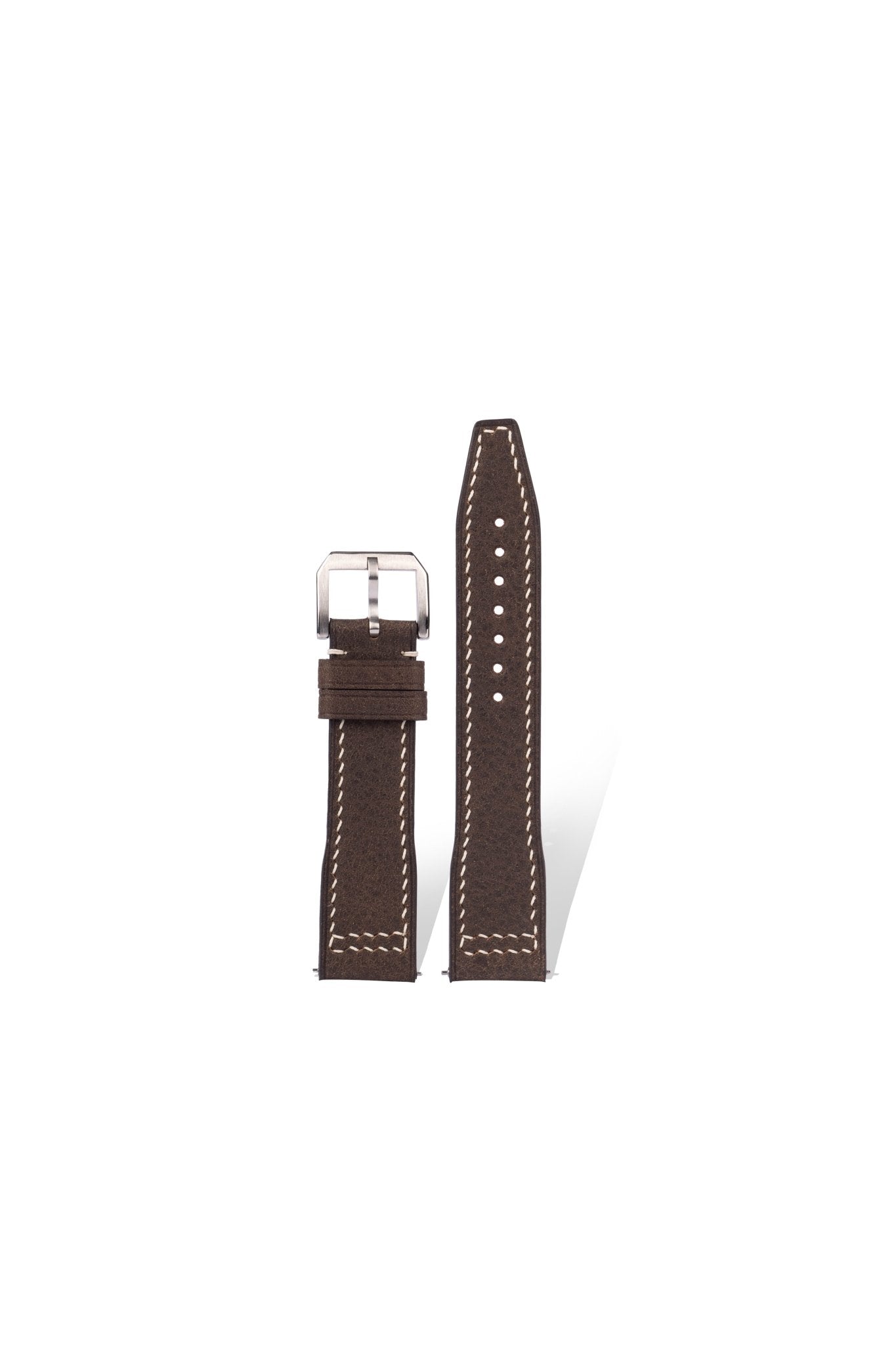 Handcrafted vintage dark brown pilot leather strap in Pantone 19-1012, quick-release spring bars compatible with 20mm Rolex/Omega lugs, traditional vegetable-tanned process with oil-wax finish.