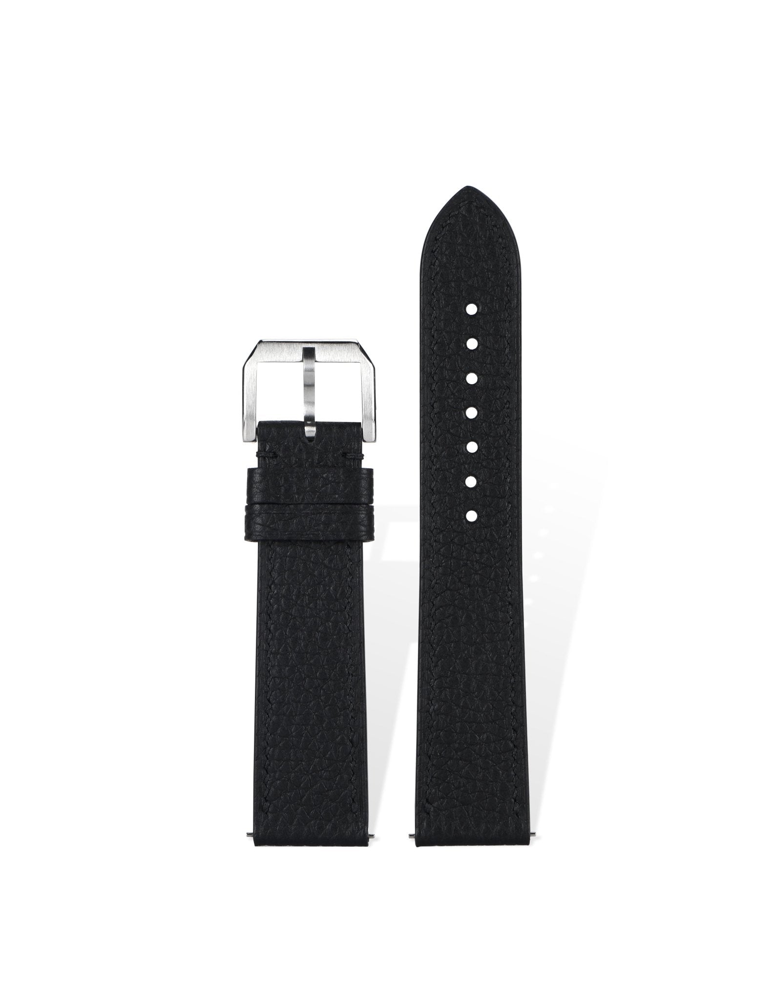 Handcrafted Togo pebbled leather strap in Pantone Black 6 C, quick-release spring bars compatible with 20mm Rolex/Omega lugs, French embossed process with natural grain texture.