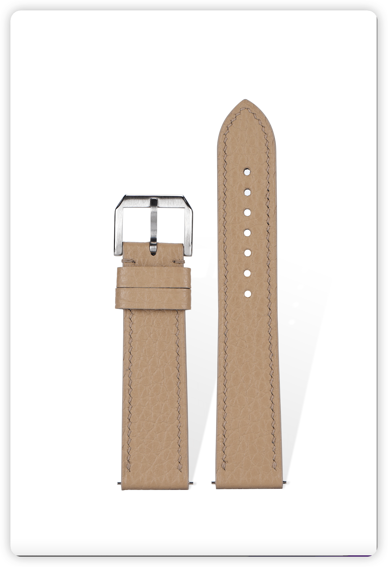 Handcrafted Togo pebbled leather strap in Milk Tea， quick-release spring bars compatible with 20mm Rolex/Omega lugs, French embossed process with natural grain texture.