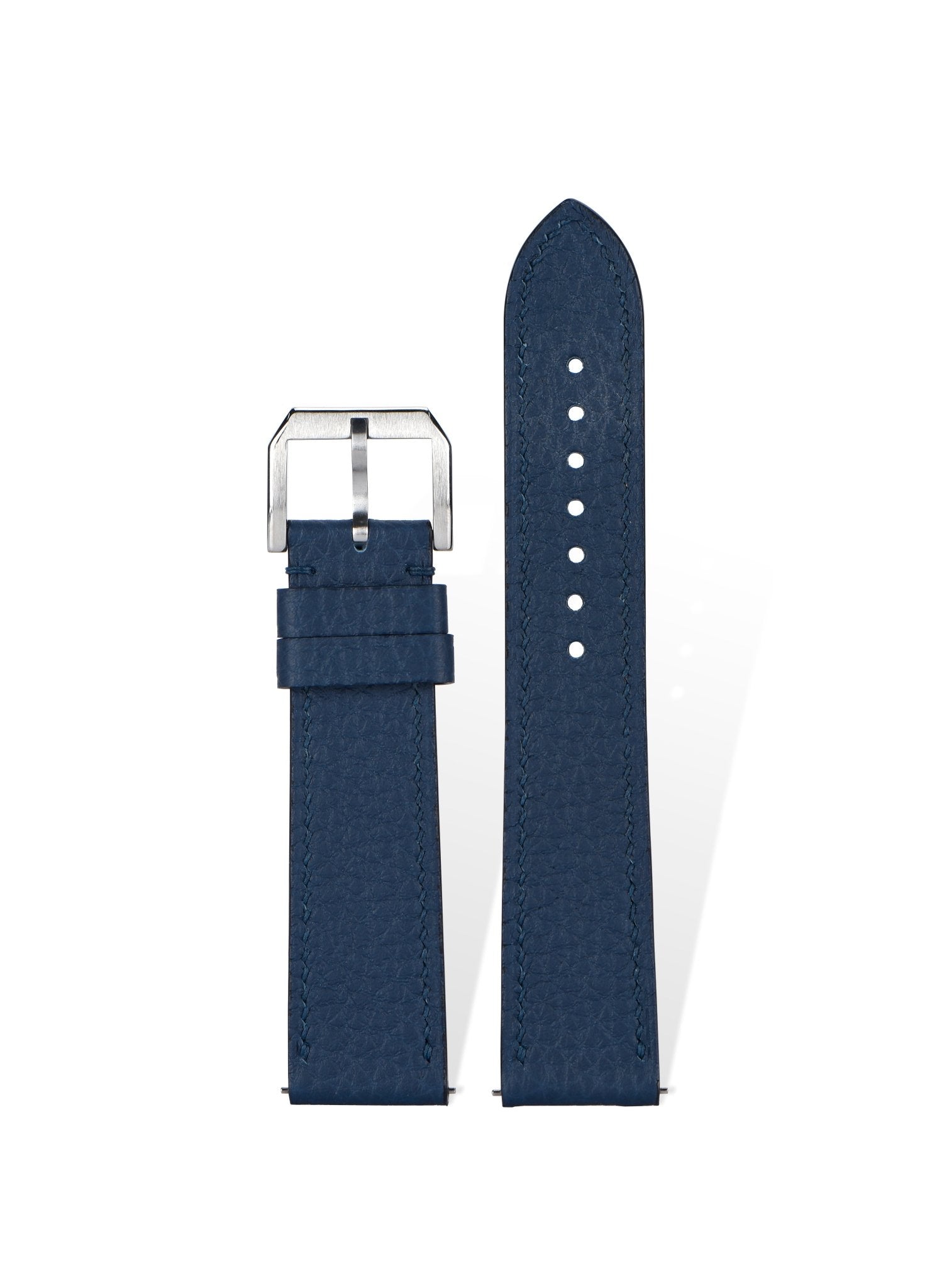 Handcrafted Togo pebbled leather strap in Navy Blue， quick-release spring bars compatible with 20mm Rolex/Omega lugs, French embossed process with natural grain texture.