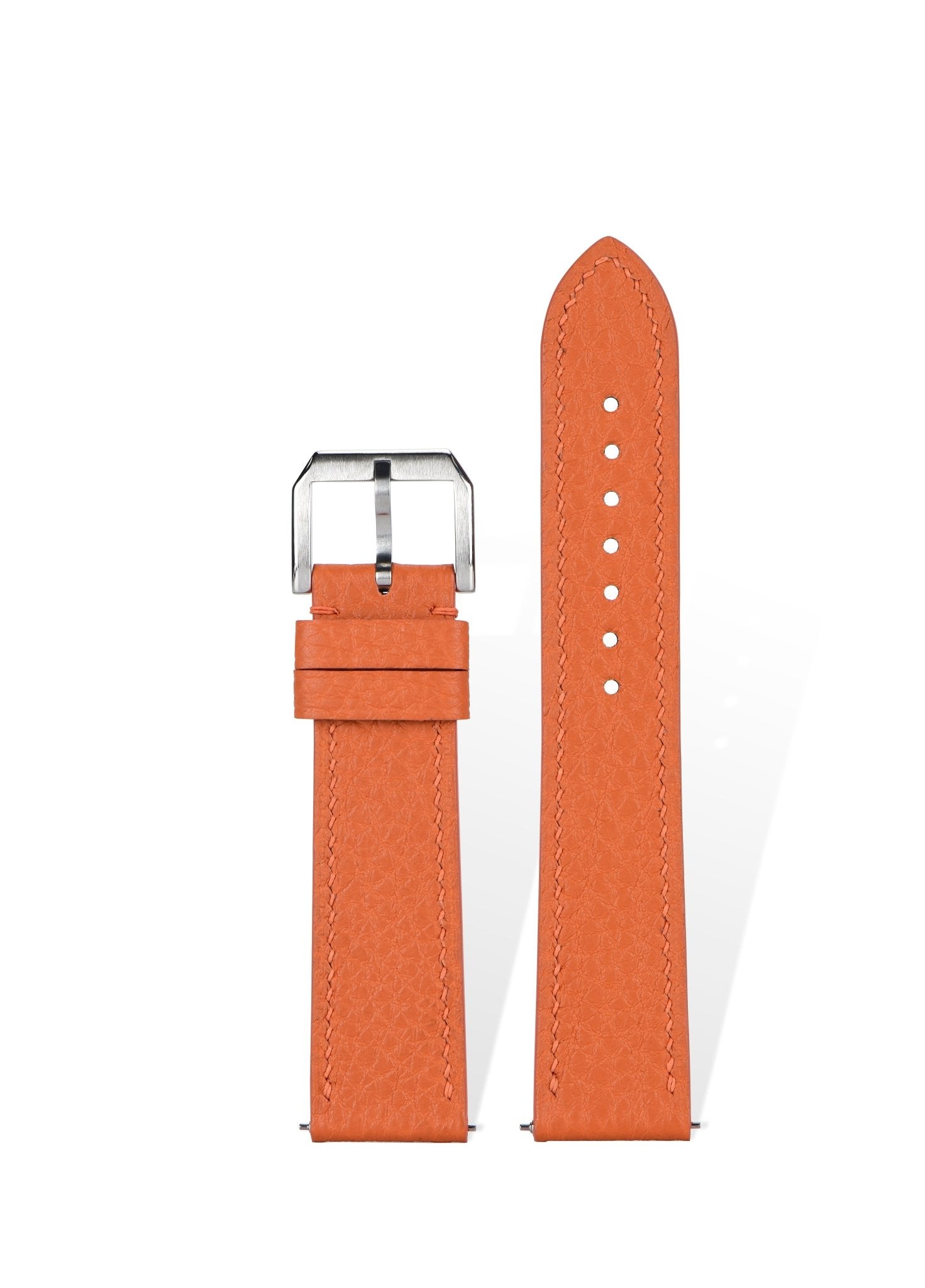 Handcrafted Togo pebbled leather strap in Orange， quick-release spring bars compatible with 20mm Rolex/Omega lugs, French embossed process with natural grain texture.