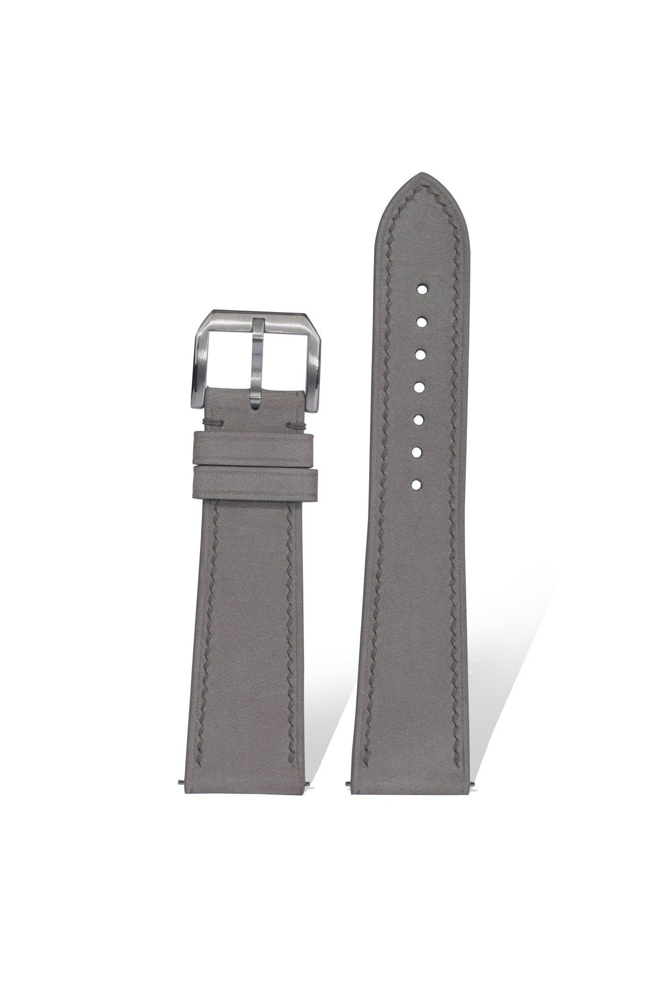 Handmade rugged nubuck leather strap in gray with quick-release spring bars, compatible with 20mm Rolex/Omega lugs, French vegetable-tanned full-grain leather with suede backing.