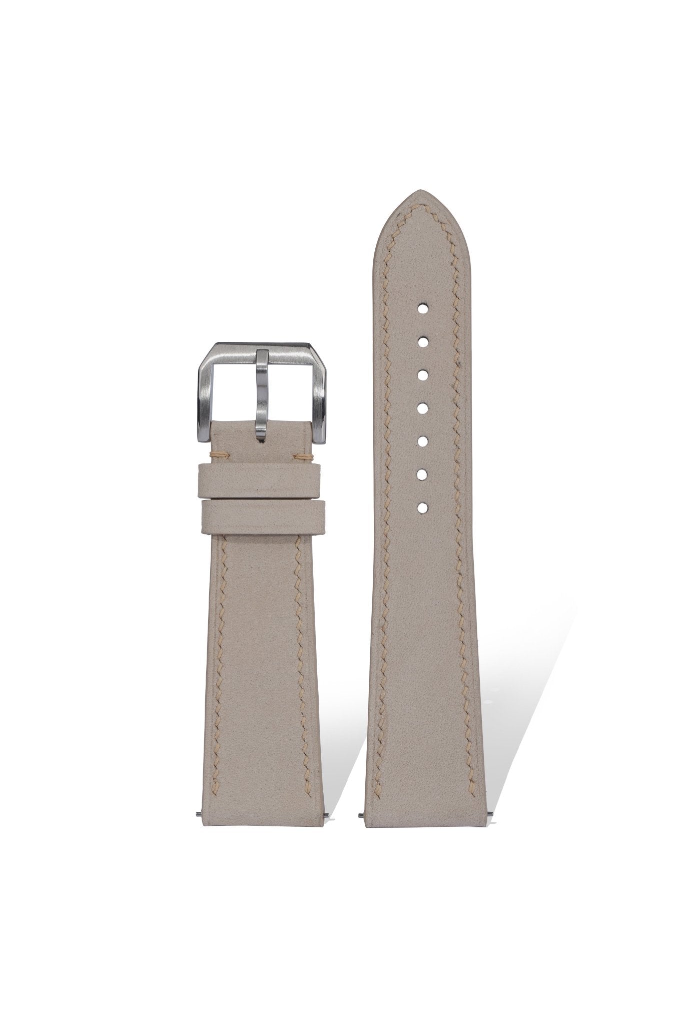 Handmade rugged nubuck leather strap in Pantone Cool Gray 1C, quick-release spring bars compatible with 20mm Rolex/Omega lugs, French vegetable-tanned full-grain leather with suede backing.
