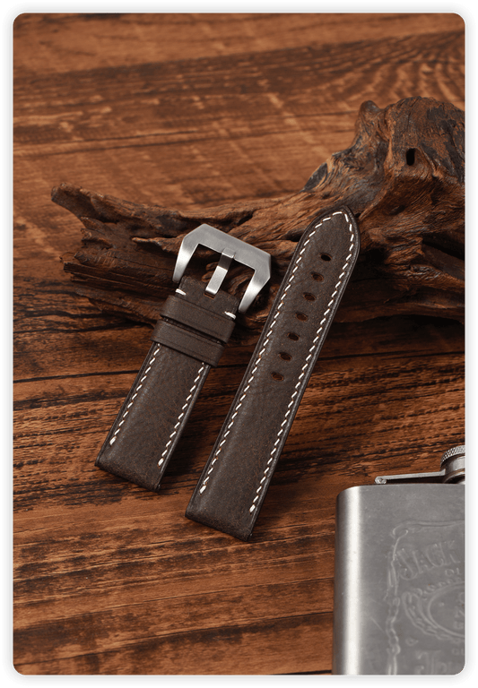 Handmade vintage calfskin straps (dark brown/white stitching/silver buckle) compatible with 20-22mm Omega,Rolex,Breitling,IWC,Panerai lugs, Italian waxed leather for business/casual, custom sizing available.