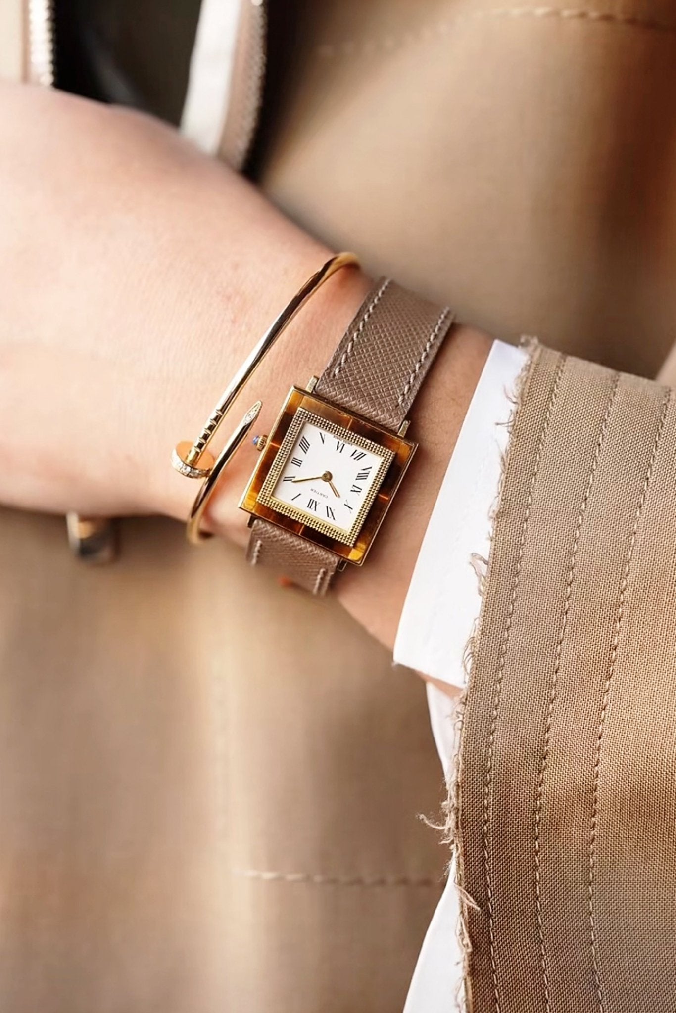 Cartier Tank｜ Beige Gray Saffiano Leather Watch Strap